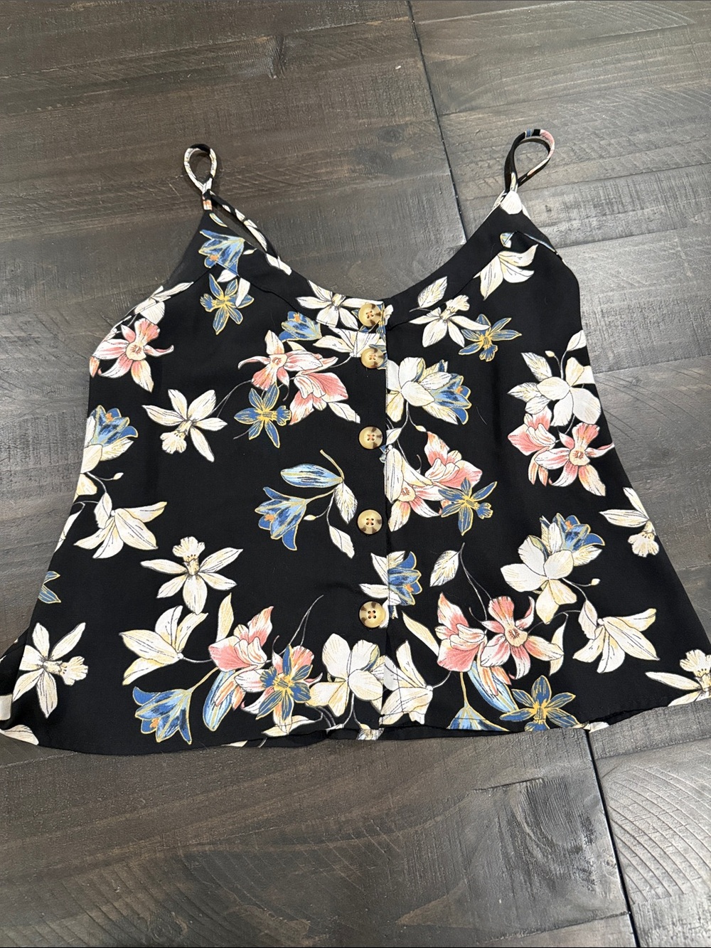 Active USA Black Floral Button-Front Spaghetti Strap Cami